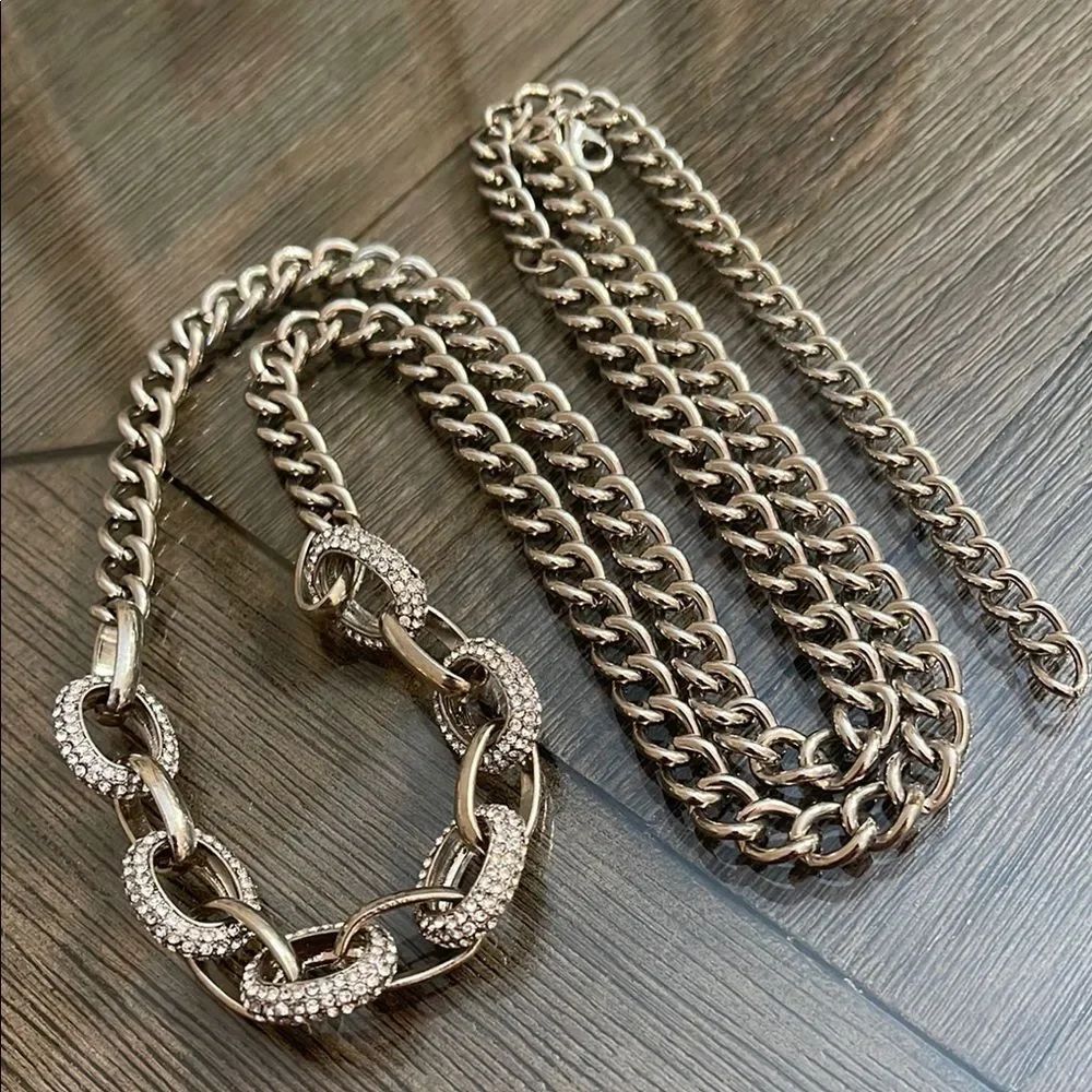 Silver Chain with Pave Rhinestone Links Necklace